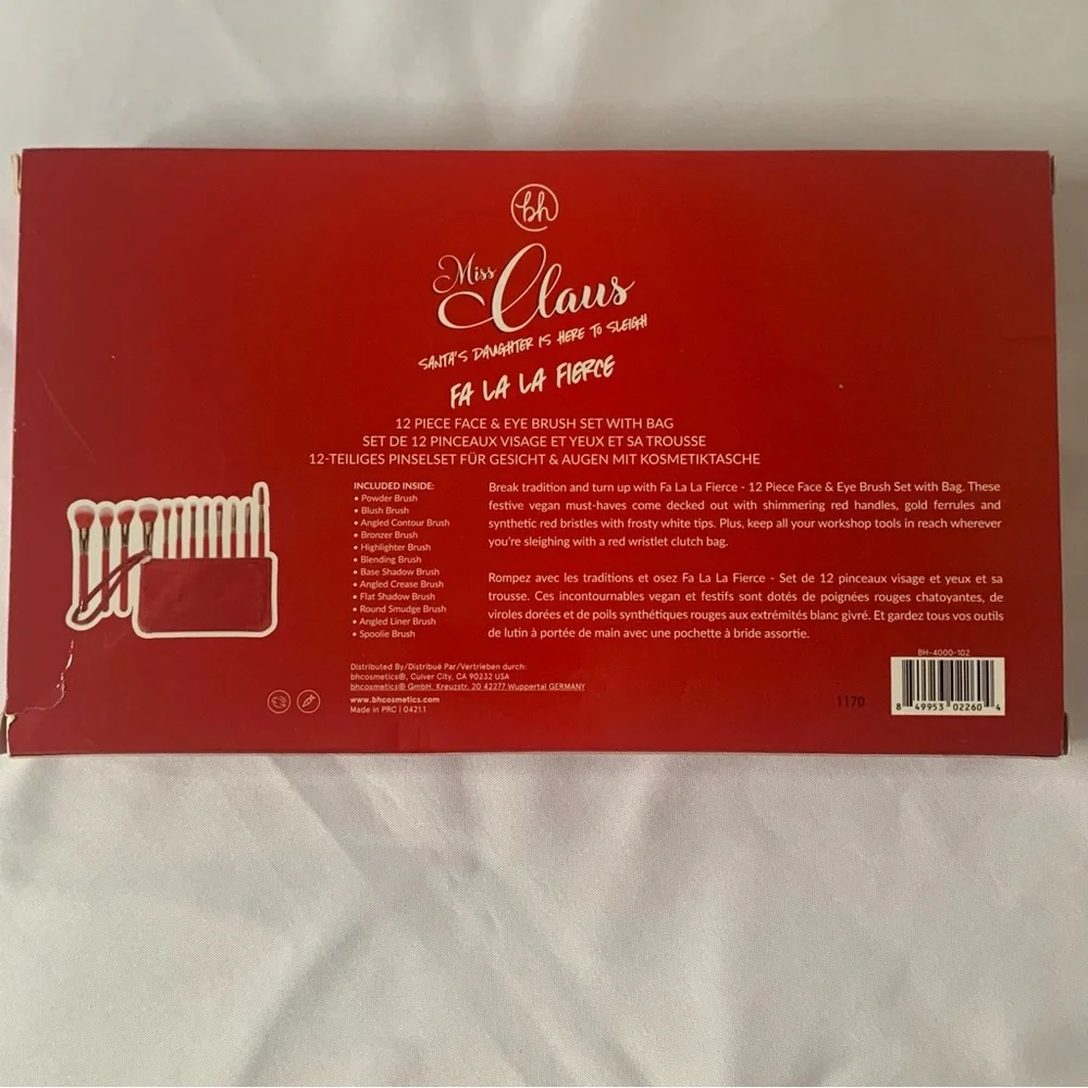 BH Cosmetics ~ 12PC Miss Claus Fa La La Fierce Makeup Brush Set + Pouch ~ BNIB